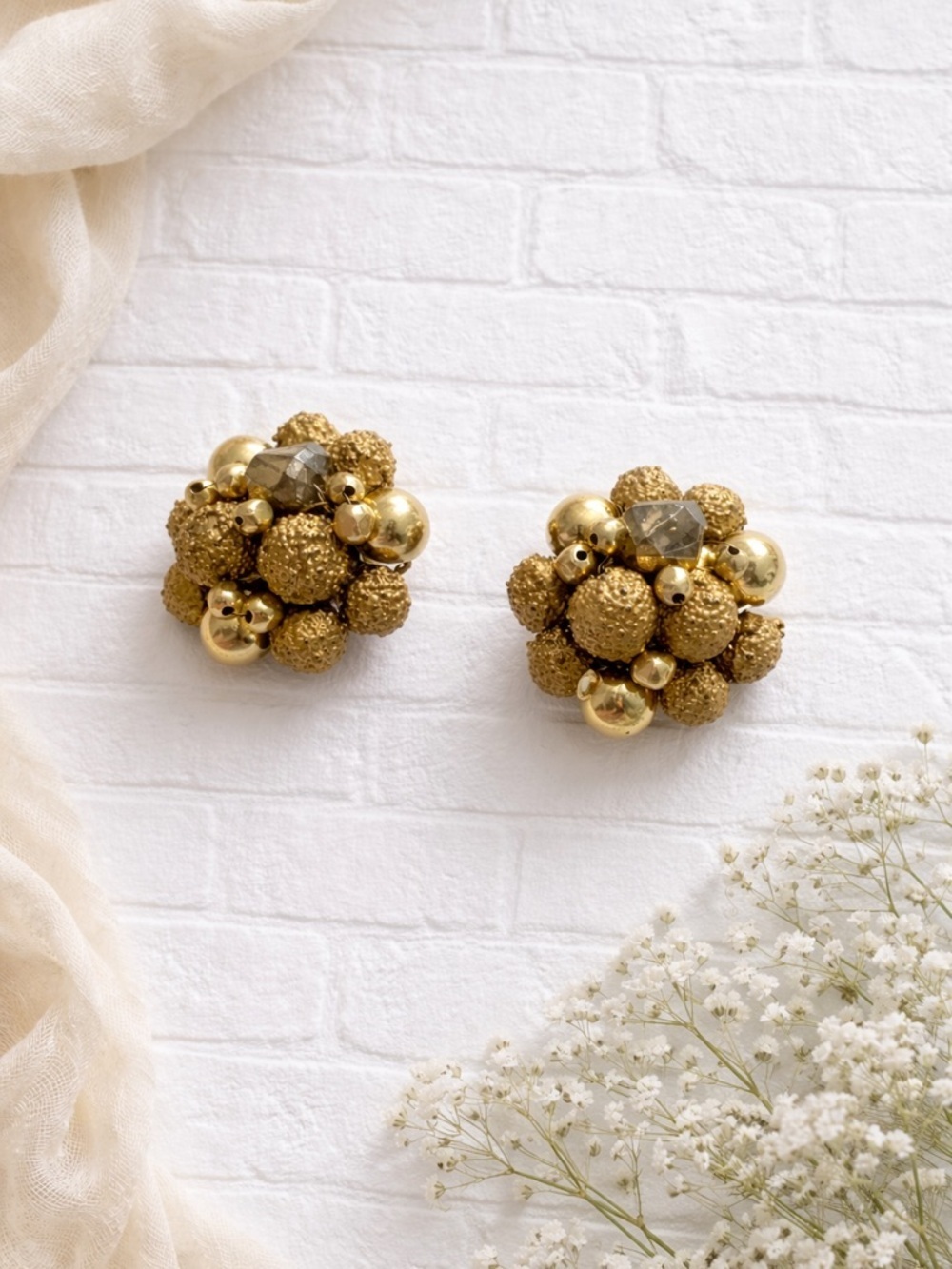Vintage Gold Cluster Bead Clip-On Earrings Textured Bead Statement Japan 1950s